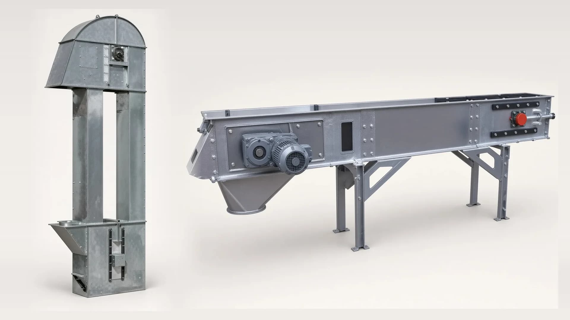 Elevator cu cupe și transportor cu racleți pe lanț, din tablă galvanizată